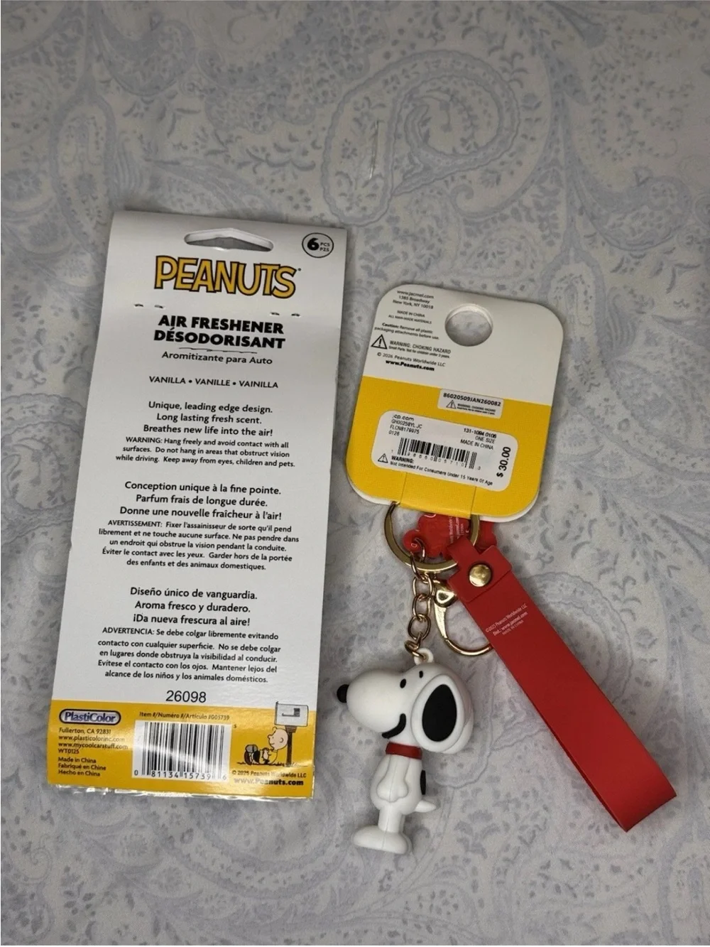 Peanuts Snoopy Keyring Wristlet and Car Air Freshener 6 Pack